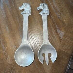 Pewter Horse Salad Serving Set Equestrian Hunt Western Fork Spoon 11”